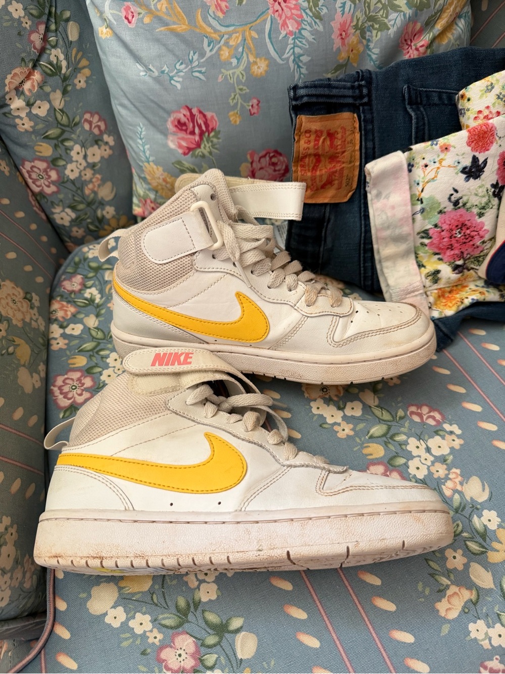Nike Women’s High-Top Sneakers in White with Yellow Swoosh